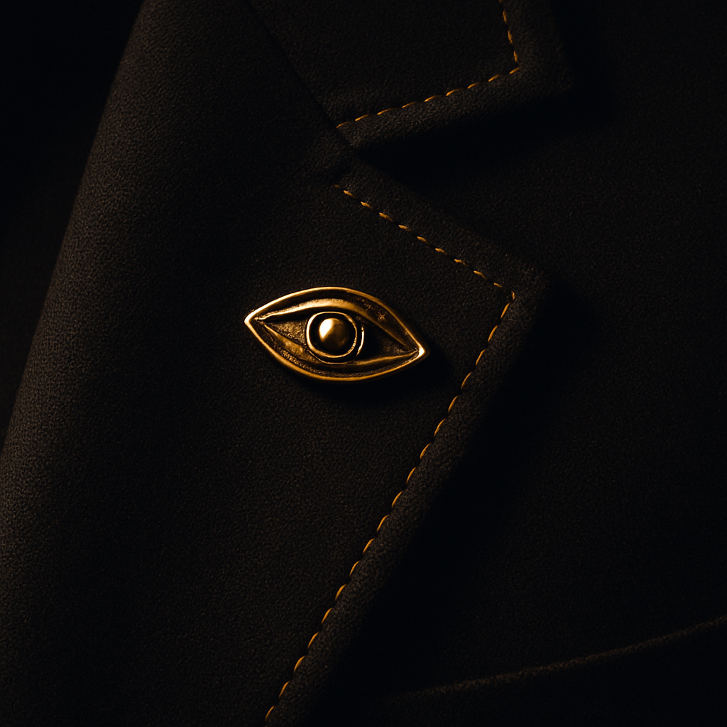 Close detail of a tailored jacket lapel with a discreet gold all-seeing-eye pin