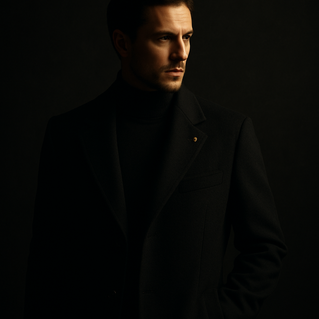 A figure in a tailored black overcoat with a discreet gold lapel pin